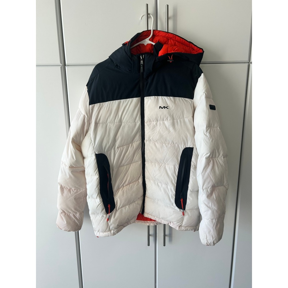 Michael Kors Mens Hooded Puffer Jacket Colorblock White Black Orange Large MK